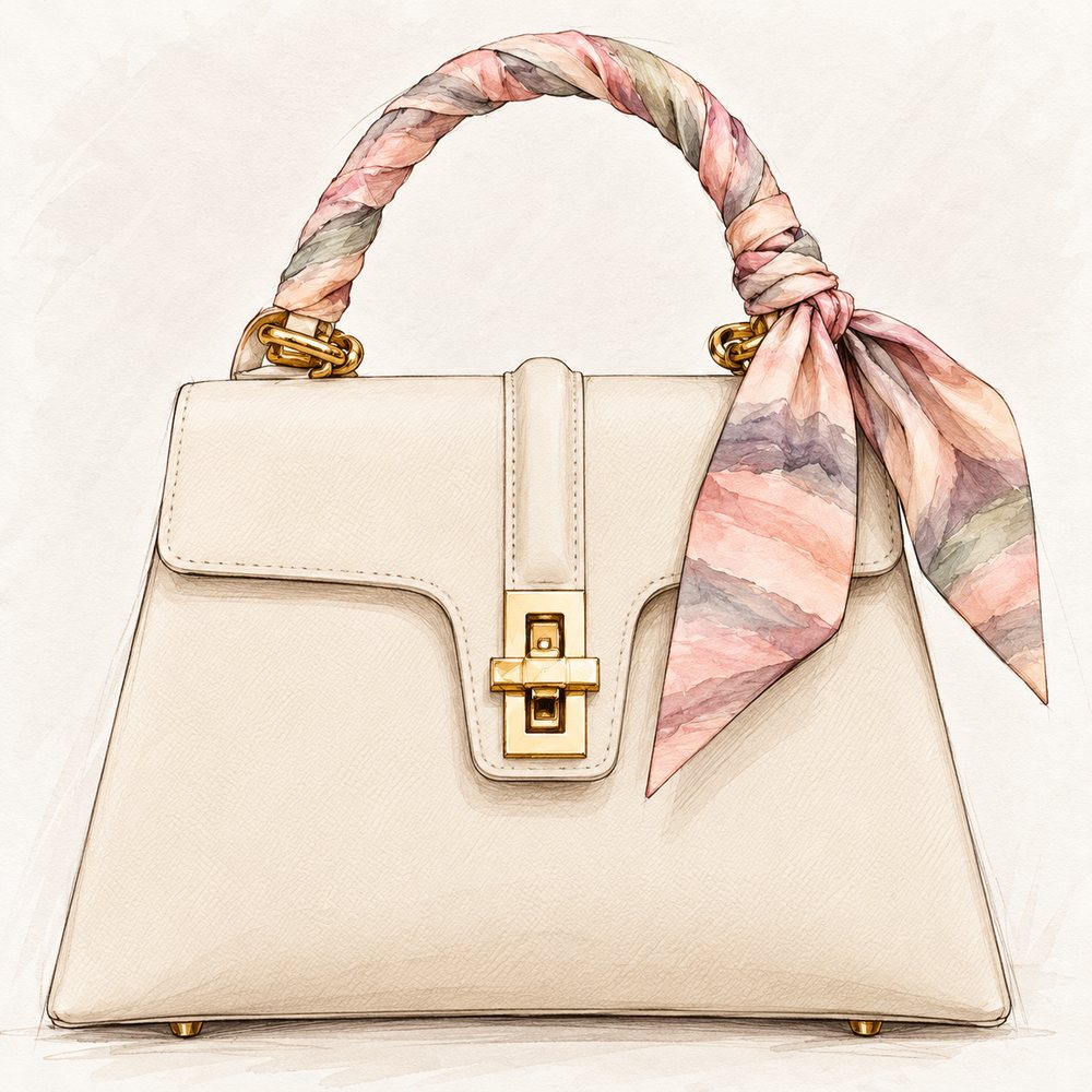 The Monaco silhouette in ivory with a silk twilly on the handle