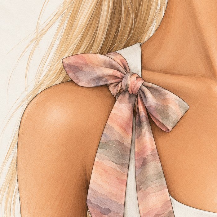 A twilly tied in a bow on the shoulder strap